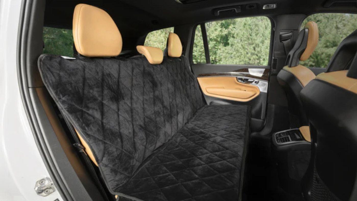 Plush Paws quilted dog seat cover installed on rear bench, ideal for light shedders and easy pet hair cleanup.
