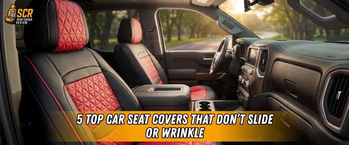 Custom-fit red and black truck seat covers with quilted panels, smooth tight finish that resists sliding and wrinkles.