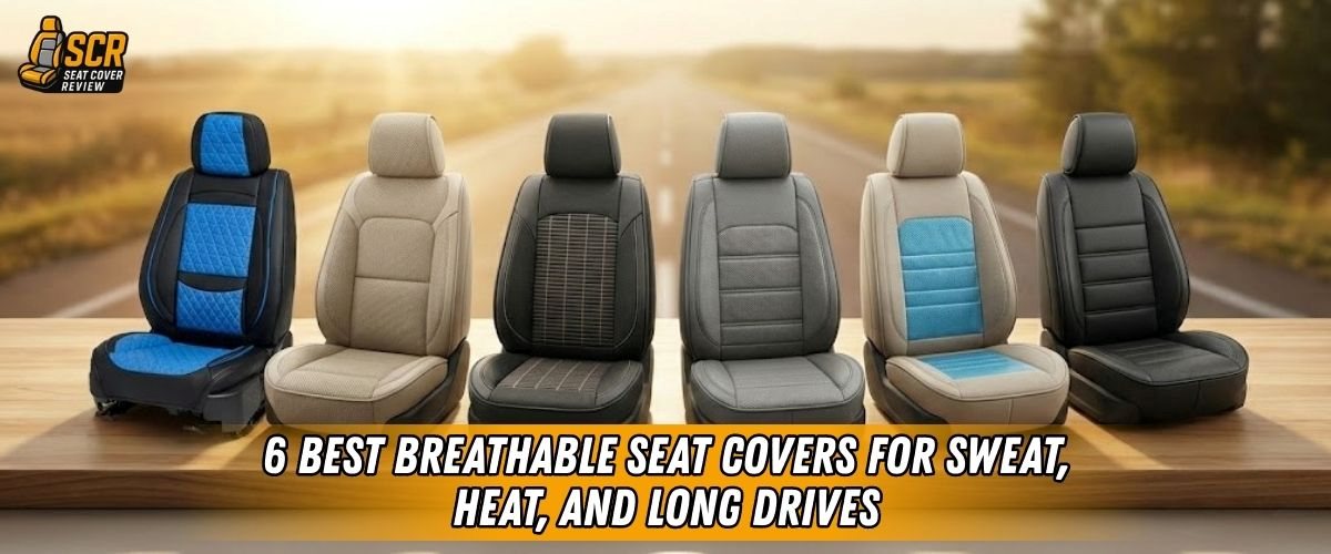 Six breathable seat covers displayed for sweat, heat, and long drives comparison on Seat Cover Review.