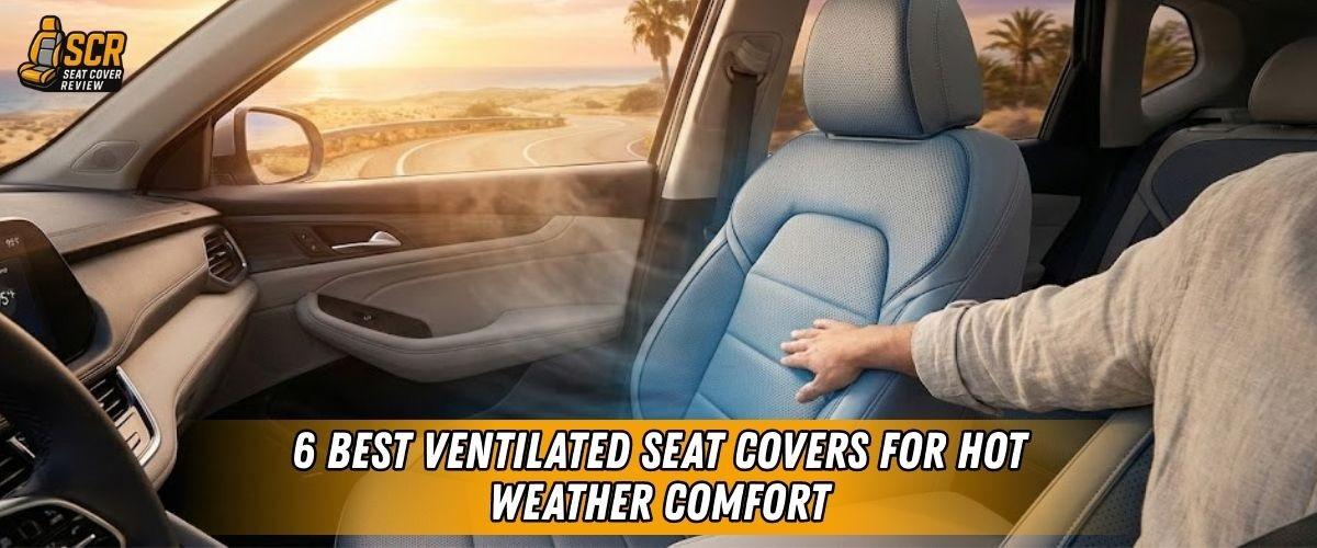 Car interior with breathable ventilated seat cover reducing heat during hot summer drive for cooler, sweat-free comfort.
