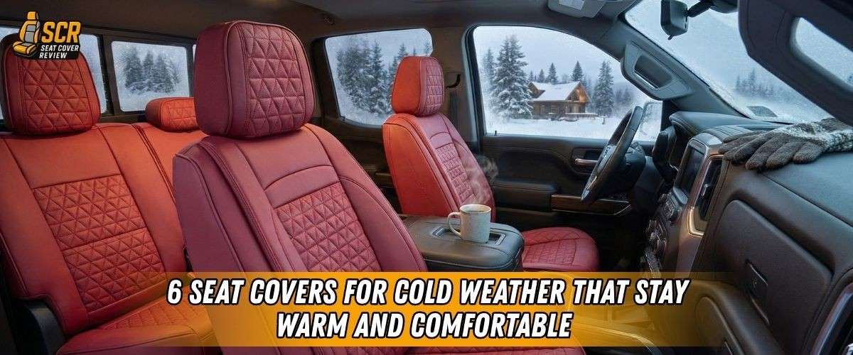 Red quilted truck seat covers inside snowy cabin, showcasing warm and comfortable seat covers for cold weather driving.