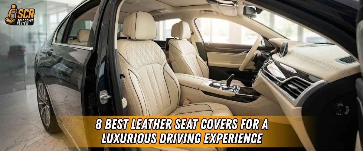 Beige luxury car interior with custom-fit leather seat covers in a clean factory-style finish.