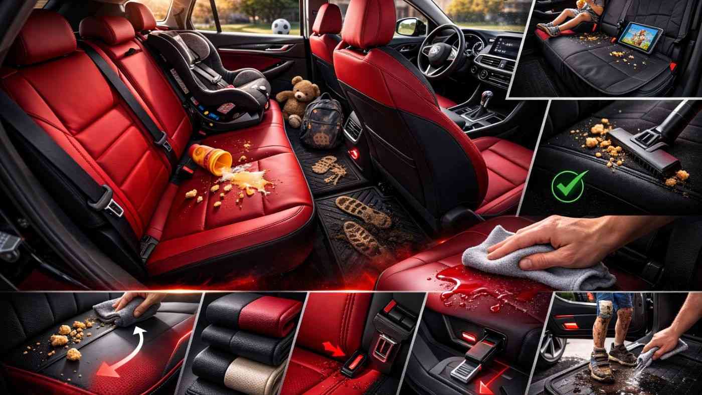 Car seat installed over seat cover showing ISOFIX anchor access and spill resistant surface protection.