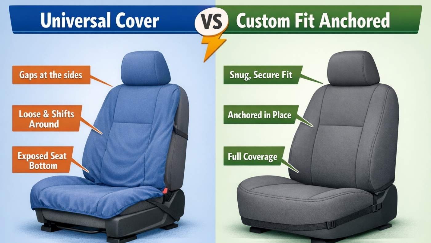 Comparison of universal and custom-fit seat covers showing gaps, shifting issues, and snug anchored full coverage.