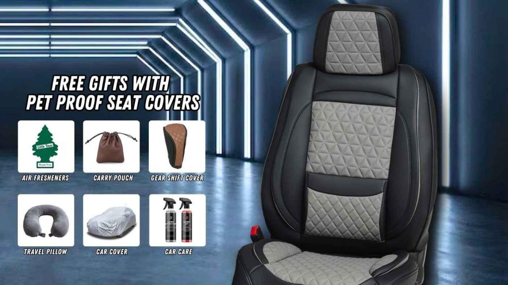 Quilted car seat cover with free gift items promotion highlighting best deals for pet-friendly seat covers.