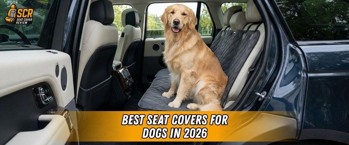 Golden Retriever sitting on a waterproof dog seat cover in SUV backseat, featuring best seat covers for dogs 2026 guide.