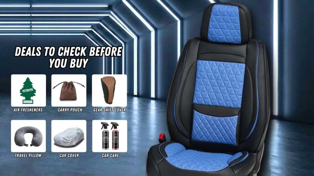 Blue and black diamond stitched seat cover with gift items like air freshener, pouch and car care products.