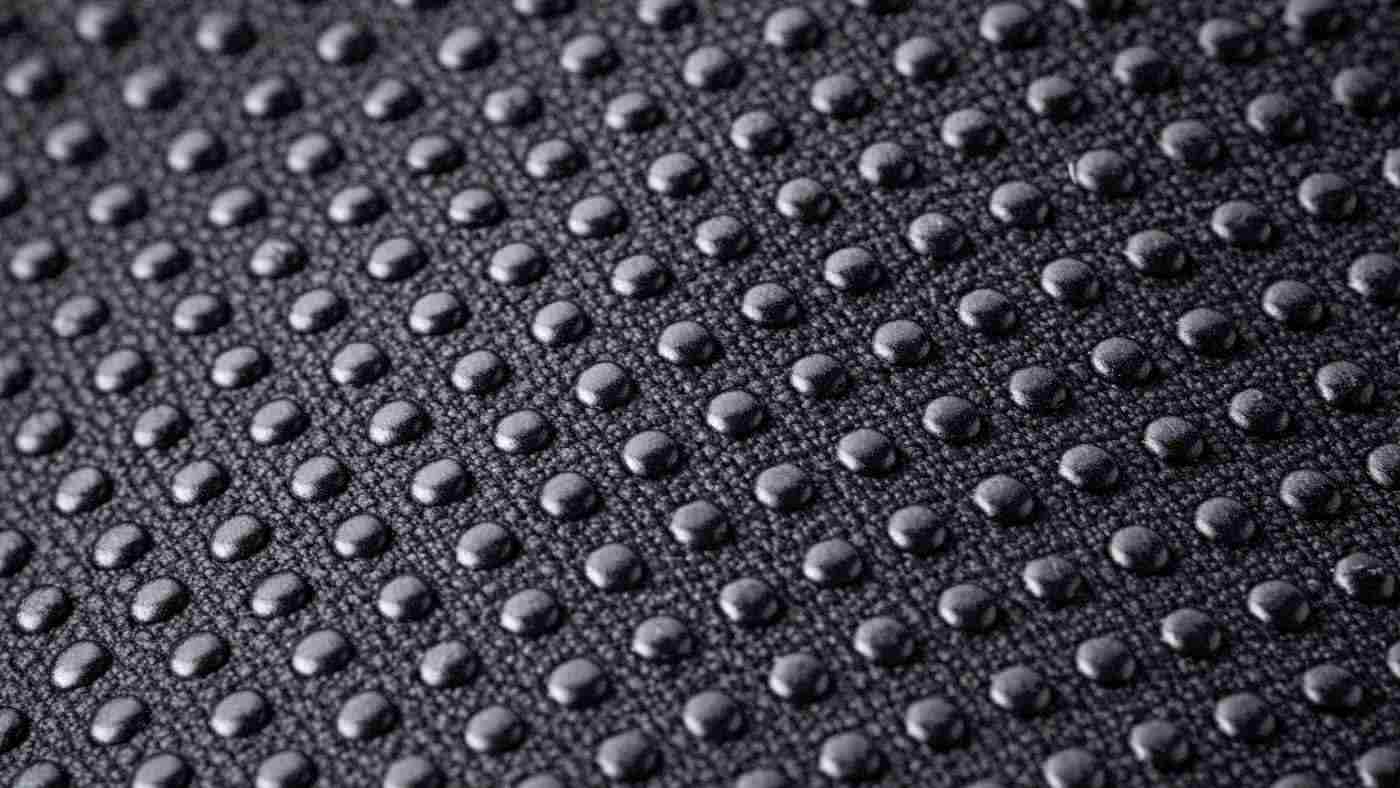 Close-up of textured rubber mat placed under seat cover to add grip but unable to correct seat contour mismatch and slack.