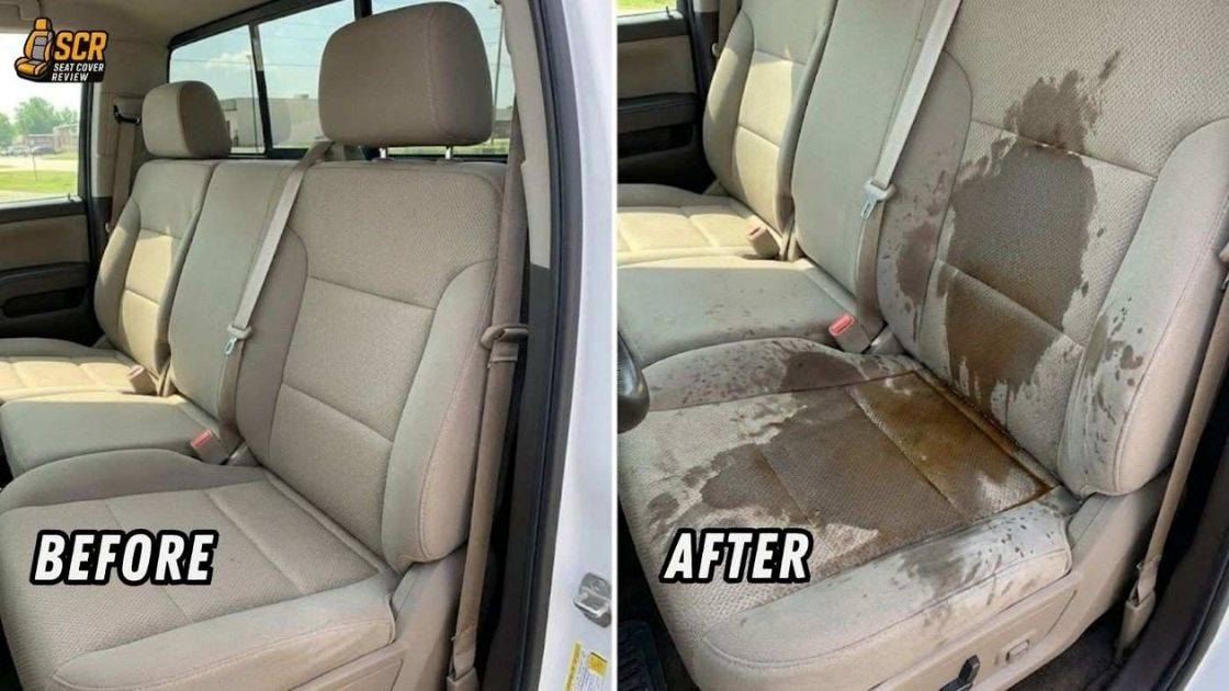 Before and after truck seat comparison showing heavy liquid spill damage during waterproof seat cover testing.