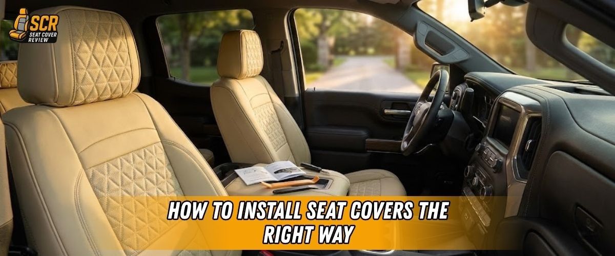 Beige truck interior with quilted seat covers installed, showing proper fit for DIY install seat covers guide.