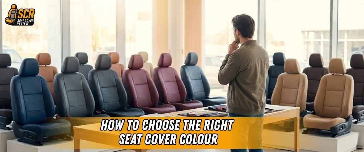 Man comparing multiple seat cover colours in showroom before deciding what fits his car interior and lifestyle best.