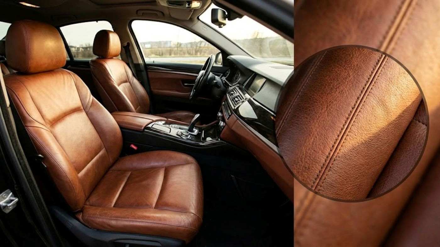 Brown leather seat covers with tight stitching and smooth factory fit for a clean, premium cabin upgrade.