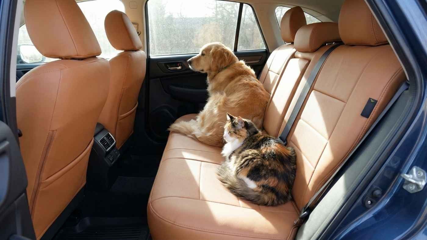 Dog and cat sitting on leather back seat showing why pet-proof car seat covers help prevent fur, scratches, and mess.