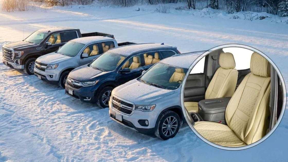 Four SUVs parked in snow with beige winter seat covers, highlighting warm and comfortable seat covers for cold weather use.