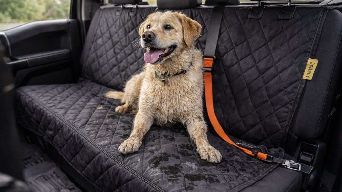 Dog sitting on anchored rear seat cover with visible straps, showing secure fit that prevents sliding and bunching.