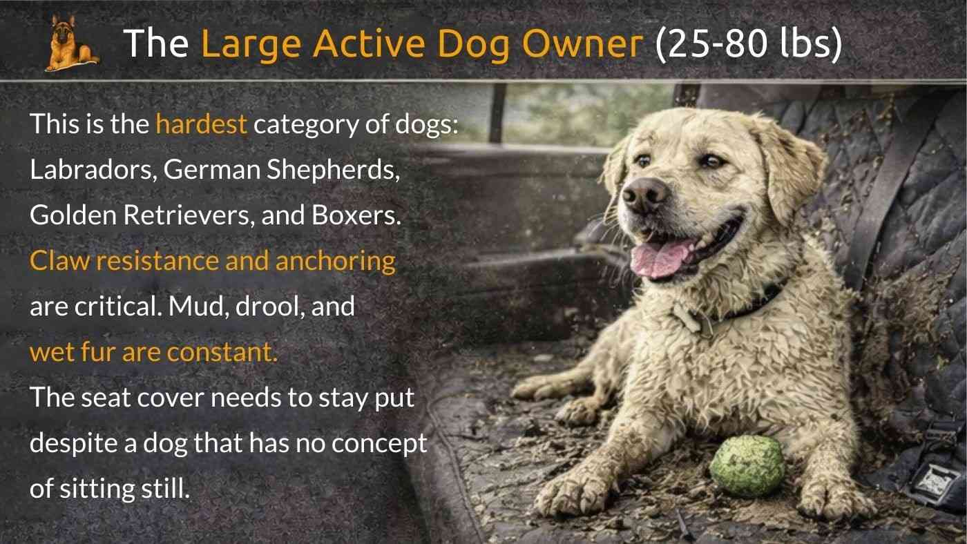 Large active dog sitting on muddy backseat cover, showing need for claw resistant waterproof dog seat cover.