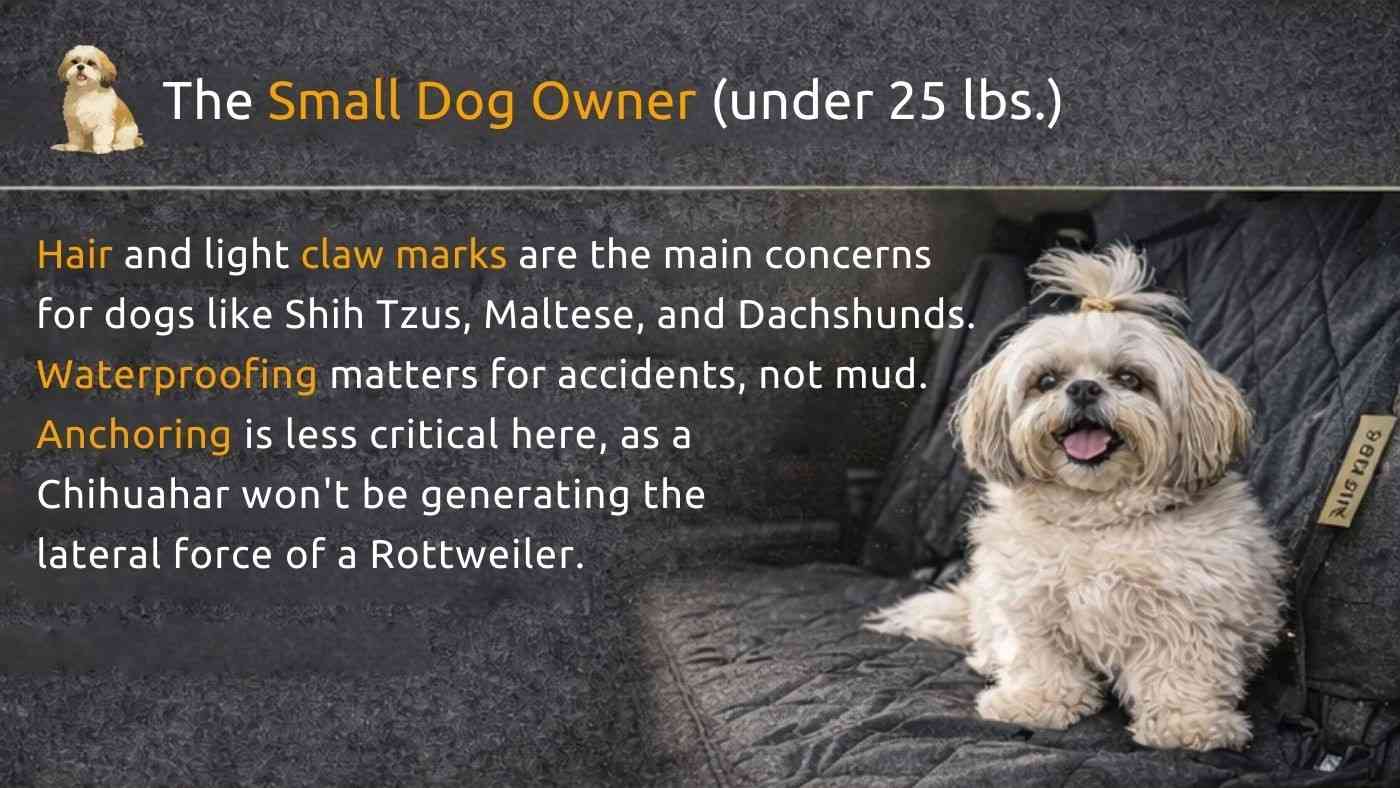 Small dog under 25 lbs sitting on quilted car seat cover, highlighting hair and light claw protection needs.