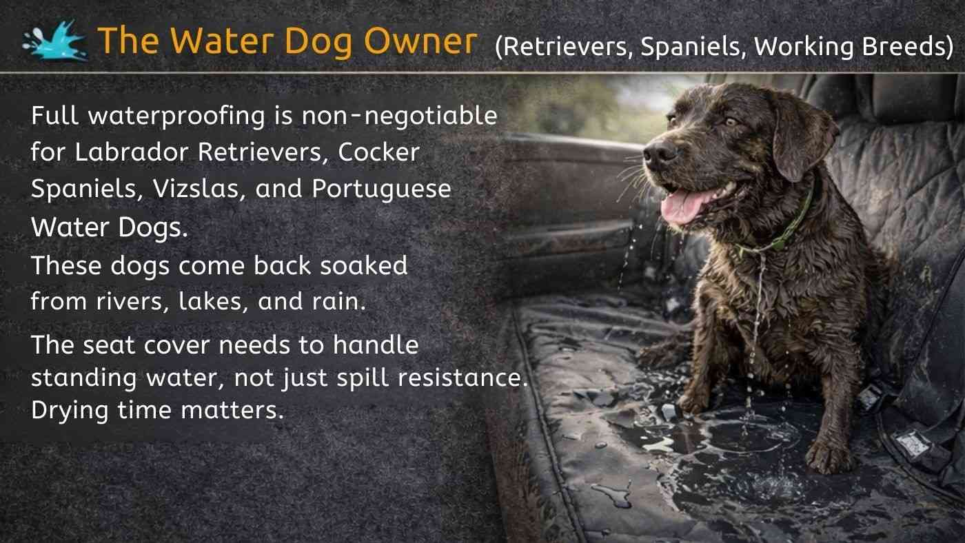 Wet Labrador sitting on soaked backseat cover, showing need for fully waterproof dog seat cover for water breeds.