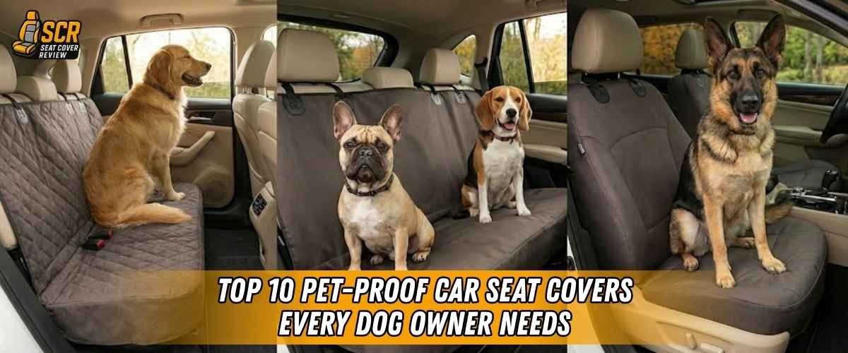 Dogs sitting on back seats with pet-proof car seat covers protecting interiors from fur, dirt, and scratches.