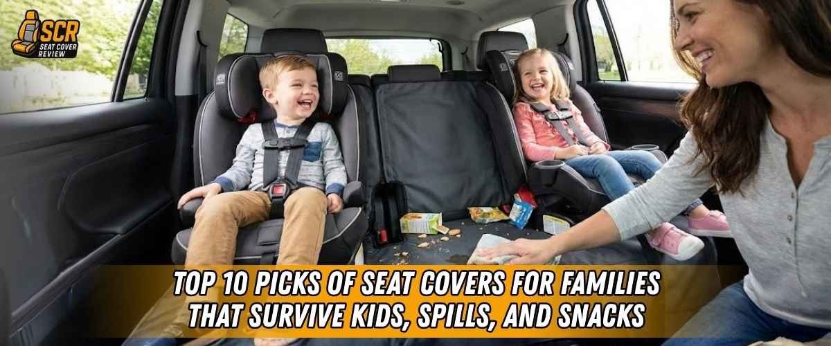 Smiling kids in car seats with crumbs on back seat, showing seat covers for families handling daily spills and mess.