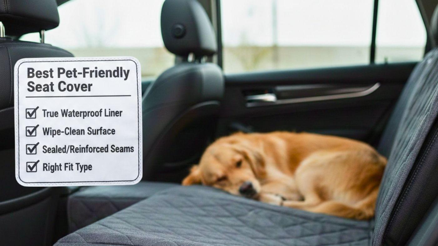 Checklist showing true waterproof liner and sealed seams beside dog resting on rear seat cover for pet protection.