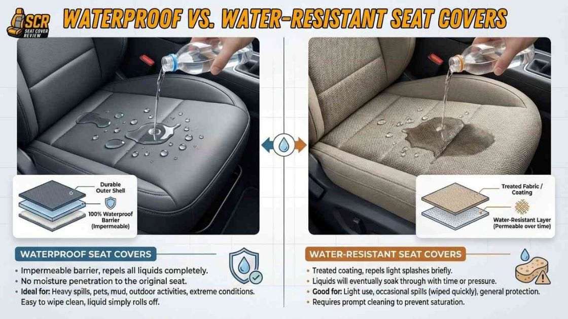 Comparison of waterproof vs water-resistant seat covers showing liquid beading versus fabric absorption under pour test.