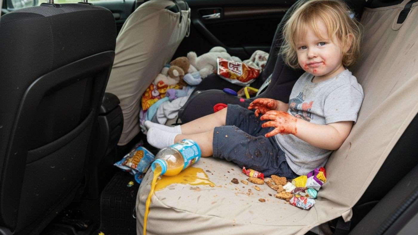 Toddler sitting in messy back seat with spilled juice and crumbs showing why loose seat covers fail family expectations.