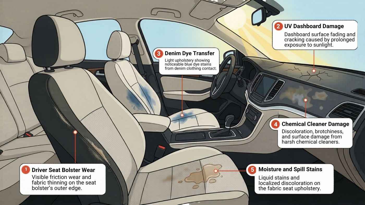 Diagram of car interior showing seat wear UV damage dye transfer chemical damage and moisture stains with prevention tips.