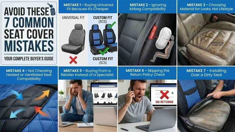 Infographic showing 7 seat cover buying mistakes including poor fit, airbag risks, wrong materials, and return policy issues.