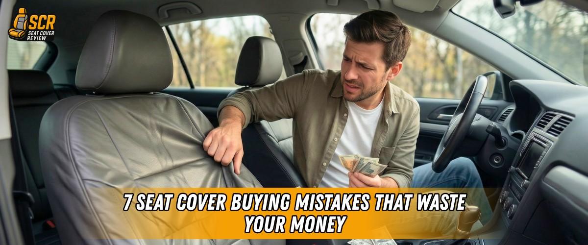 Driver examining loose car seat cover while holding cash, illustrating 7 seat cover buying mistakes that waste money.