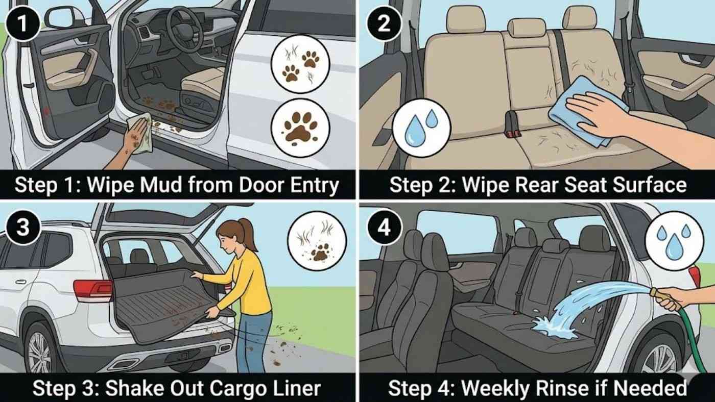 Routine to clean car after dog park visit shows wiping door mud, cleaning rear seat cover, shaking cargo liner, rinsing seats.