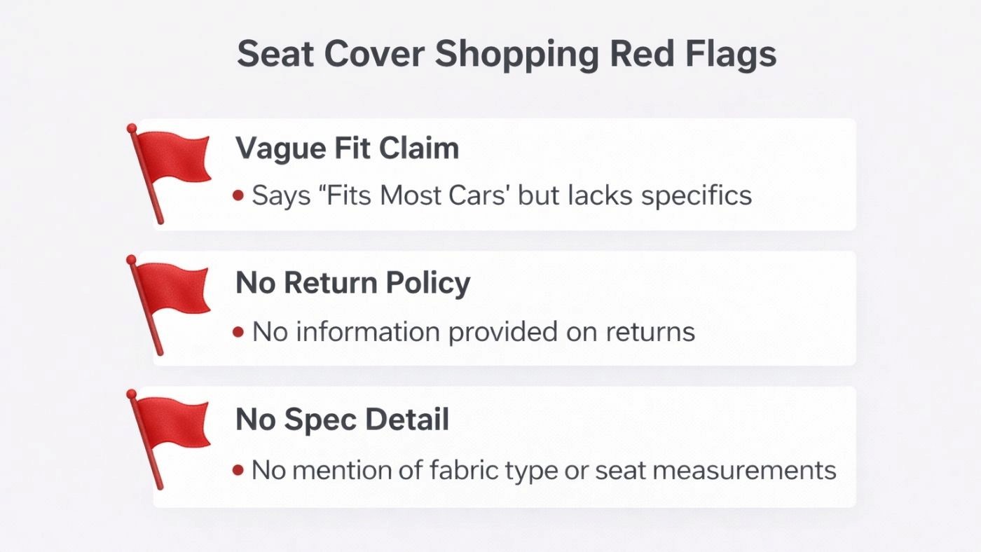 Seat cover shopping red flags showing vague fit claims, missing return policy, and lack of material or measurement details.