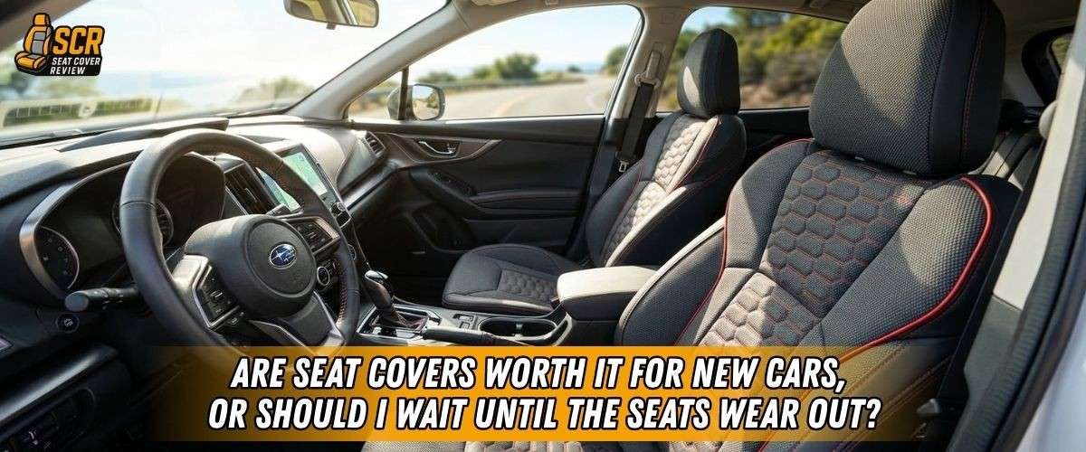 Car interior with fitted seat covers, showing protection for new car seats from wear, stains, and dye transfer.