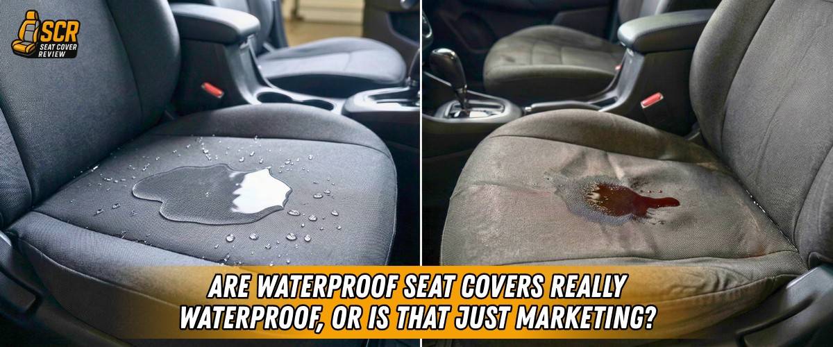 Comparison of waterproof seat covers showing water beading on one seat and liquid soaking another illustrating seam failure.