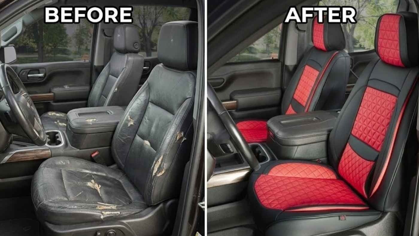 Before-after car interior shows worn cracked leather seats replaced with fitted seat covers; improves appearance & protection.