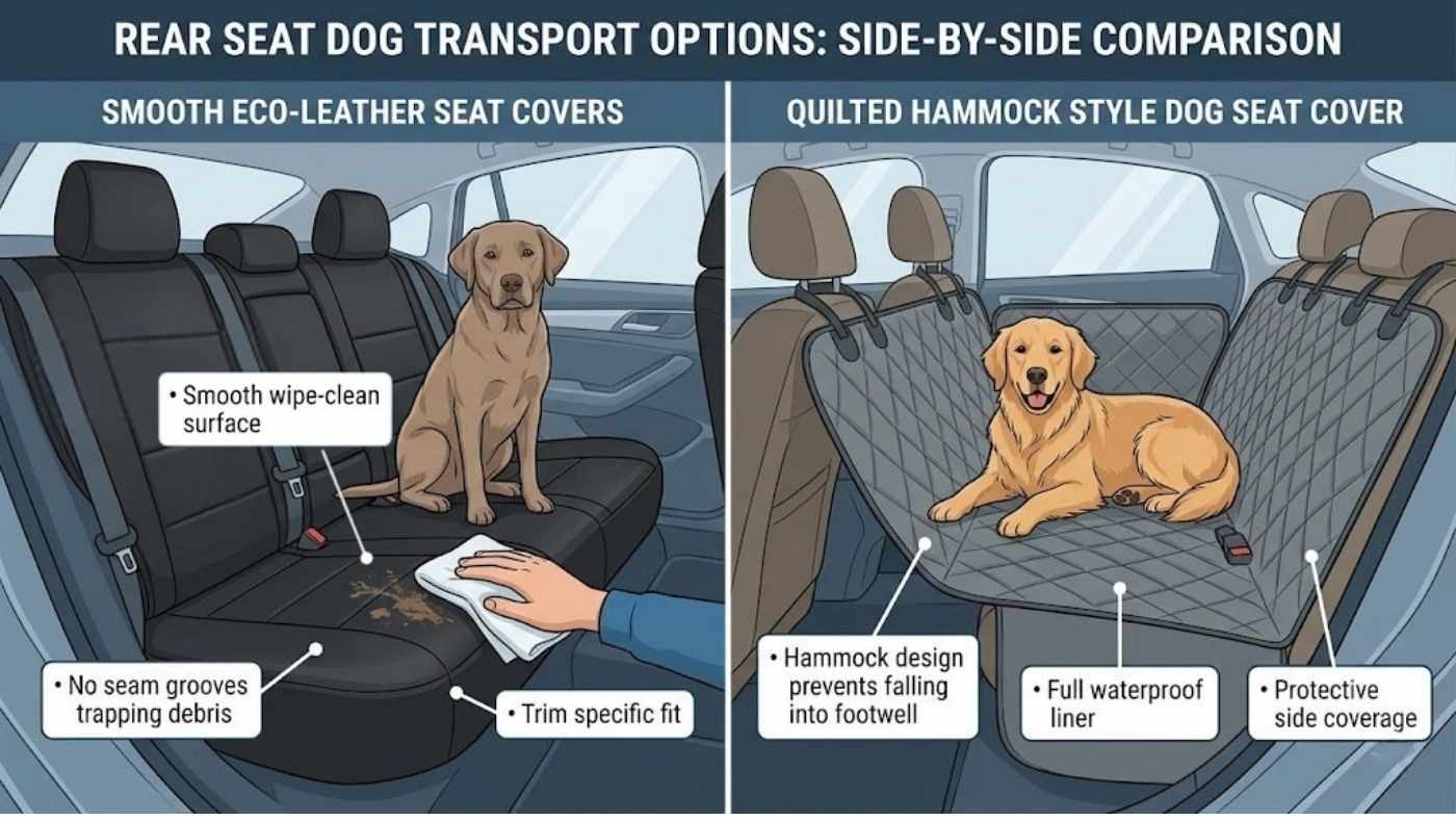 Comparison of eco-leather dog seat cover and quilted hammock cover showing wipe clean surface and full rear seat protection.