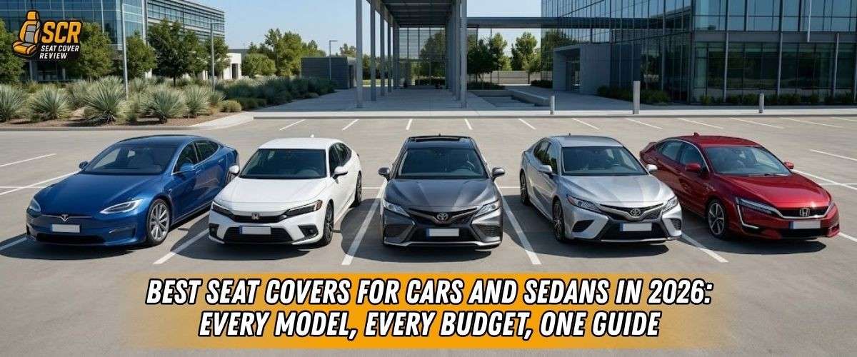 Lineup of modern sedans in parking lot with overlay text about best seat covers for cars and sedans in 2026 guide.