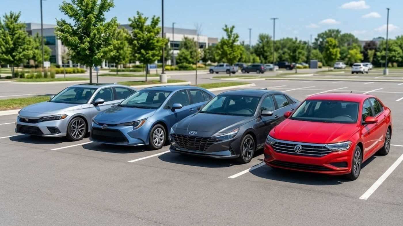 Compact sedans including Civic, Corolla, Elantra and Jetta parked in lot representing best seat cover fit for compact cars.