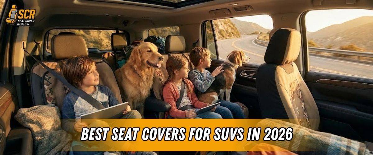 Family and dogs riding in the SUV interior showcasing seat covers for SUVs 2026 use, comfort, and protection across models.