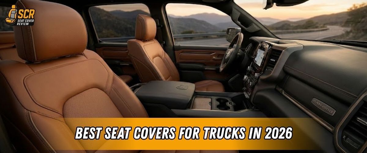 Truck interior with leather seat covers showing best seat covers for trucks 2026 ranked by fit durability and real testing.