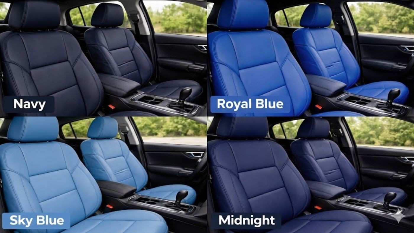 Blue seat covers comparison showing royal blue clashing with tan interiors and midnight blue matching two tone cabin.