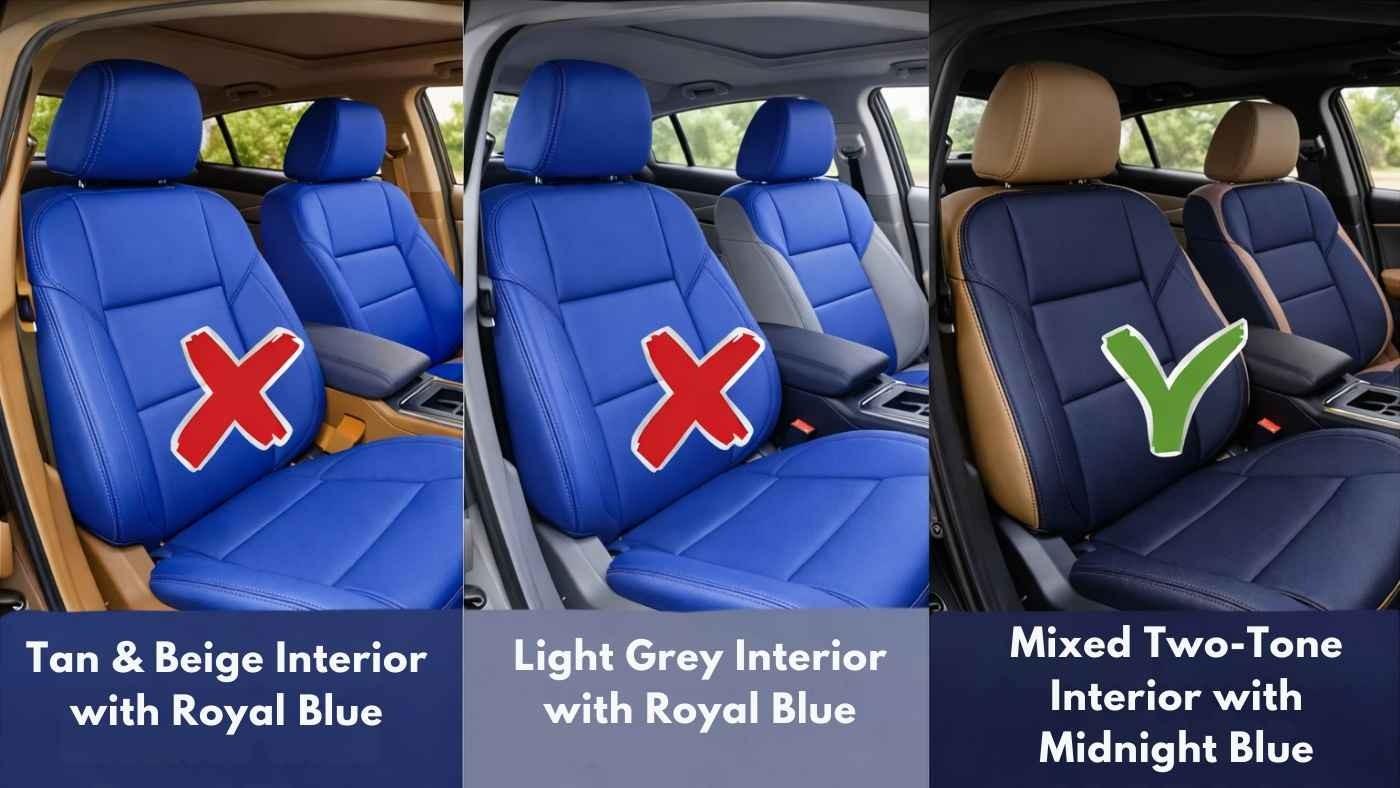 Blue seat covers comparison showing royal blue clashing with tan interiors and midnight blue matching two tone cabin.