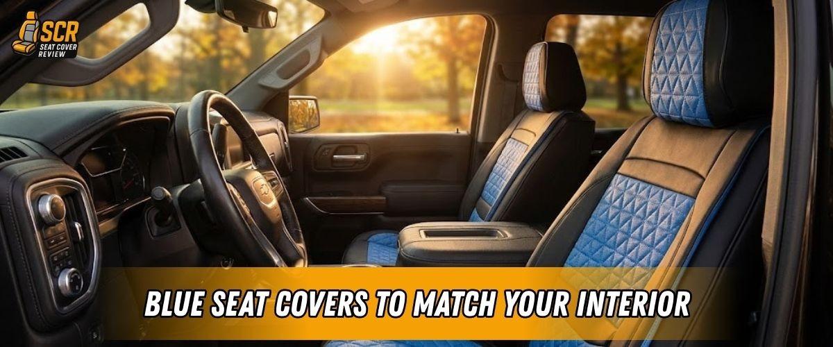 Blue seat covers in truck interior with navy quilted panels matched to black trim for cohesive automotive styling.