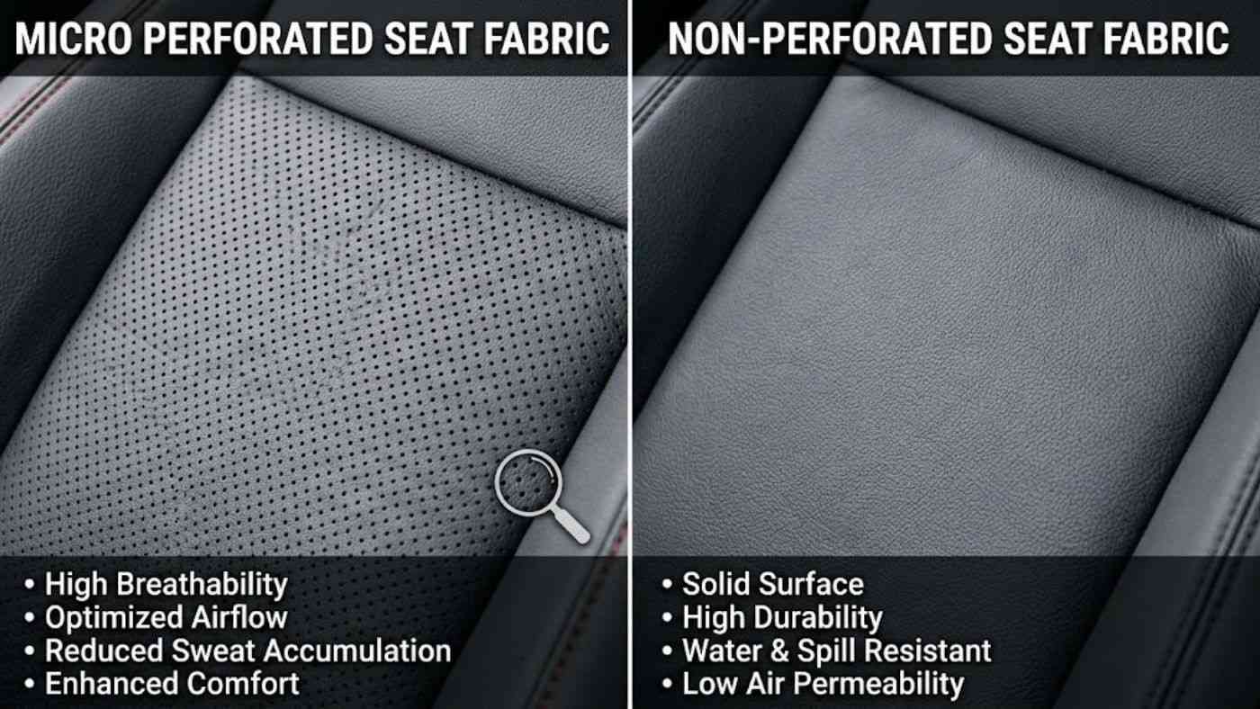 Comparison of micro-perforated seat covers and solid seat fabric; shows airflow, breathability, and spill protection.