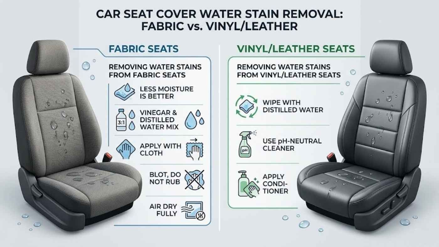 Infographic showing car seat water stain removal methods for fabric vs vinyl and leather using distilled water and cleaners.
