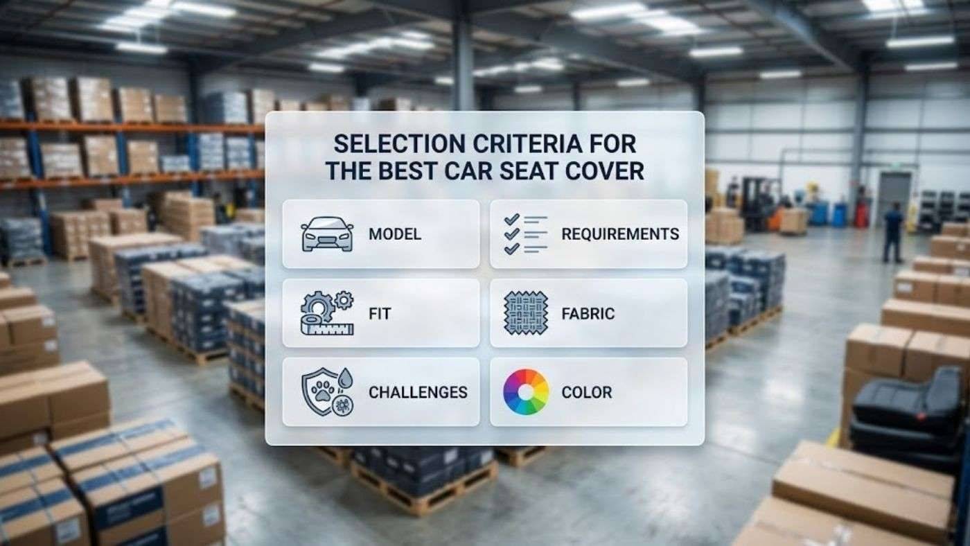 Warehouse scene with overlay shows car-by-model seat cover fit criteria including model, fit, fabric, requirements, and color.