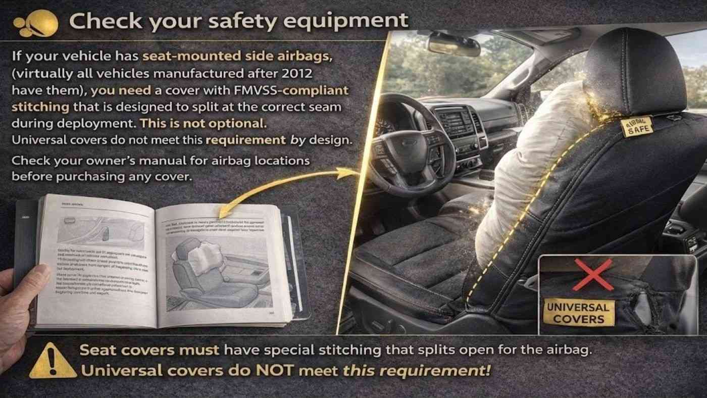 Seat cover safety guide showing seat mounted side airbag deployment and why universal seat covers can block airbag seams.