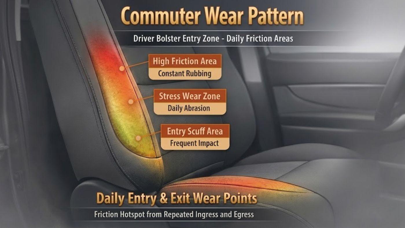 Commuter wear pattern shows driver seat friction zones where durable seat covers for commuters protect in-out friction.