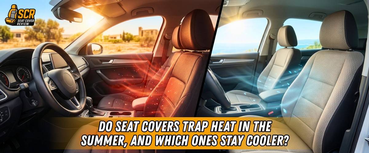 Comparison of hot car seat vs breathable cool seat covers; shows heat buildup on dark seat & airflow cooling on light cover.