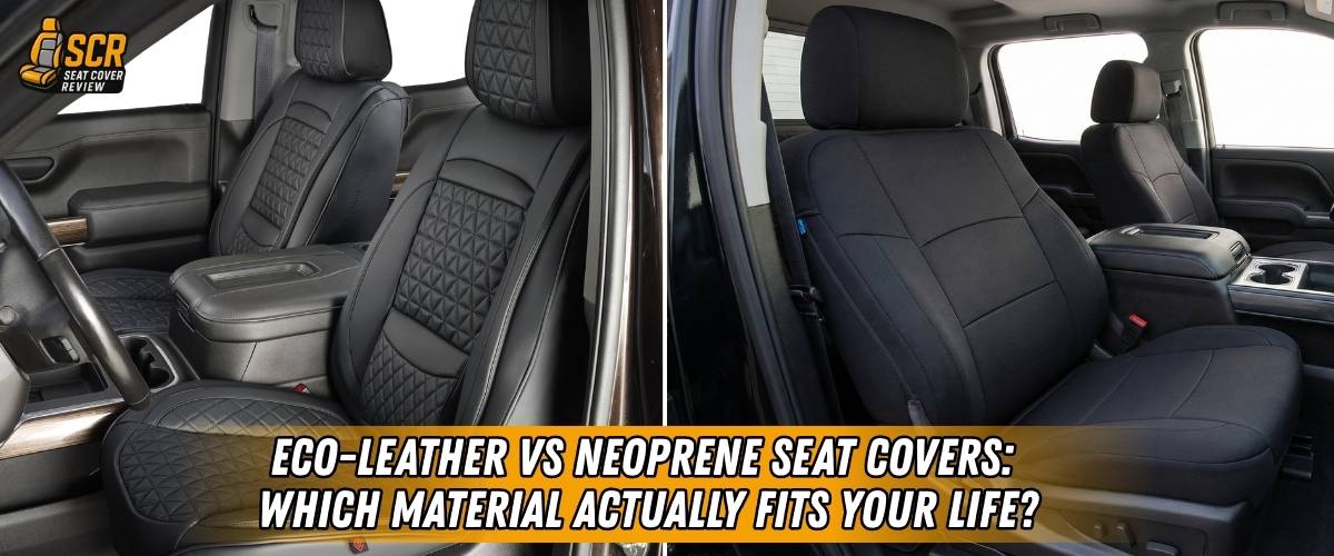Side by side car seats showing eco leather and neoprene seat covers comparison for comfort, heat and daily driving use.